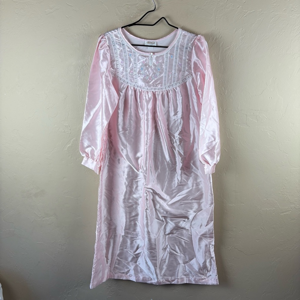 Vintage Barbizon Pink Satin Floral Embroidered Lace Nightgown Elegant Large
